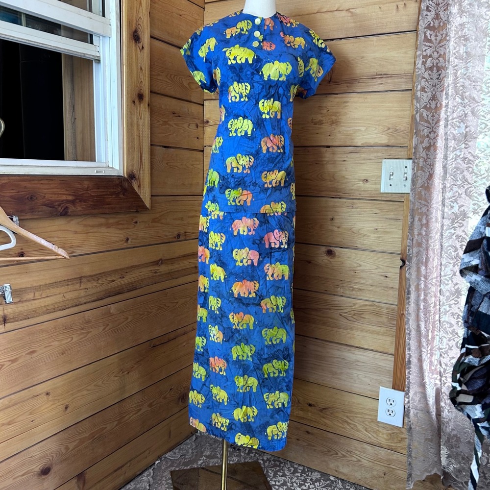 Vintage Elephant Batik 2pc Wax Cotton Set Women Large Blue Maxi Skirt Tunic MCM